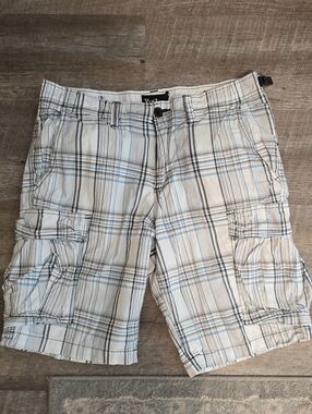 Plaid Cargo Shorts - White with Blue & Gray Stripes